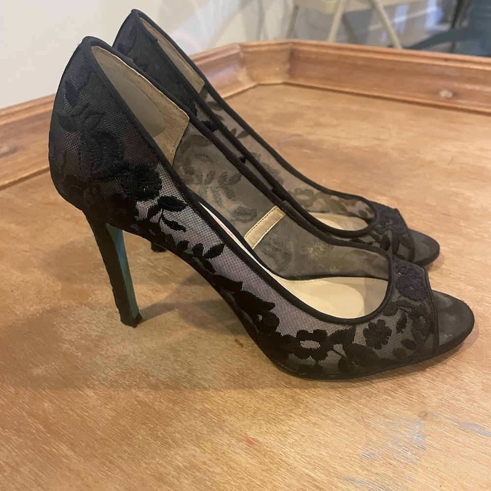 Betsey Johnson Black Lace Peep-Toe Heels